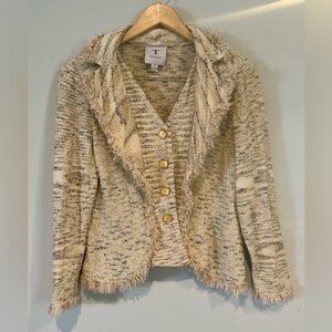 Toula‎ Sz 6 Cream Rhinestones Tweed Blazer With Fringe Edge Stunning Wool Blend